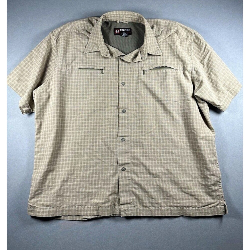Eddie Bauer EBTEK Mens XL Regular Beige Check Woven Cotton/Poly SS Button-Up